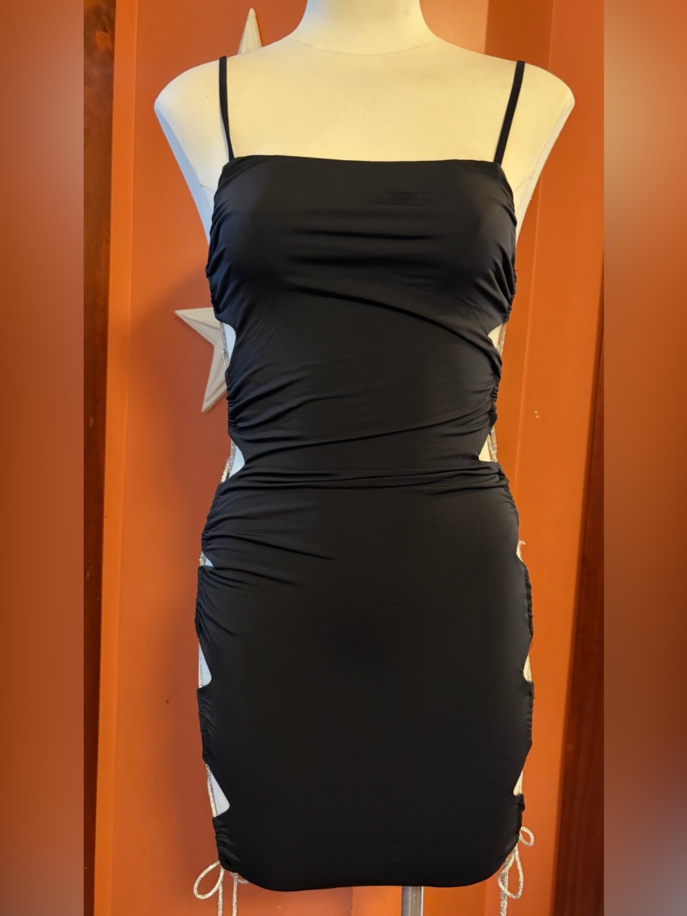 AKIRA Black Mini Dress with rhinestone tie Side Cutouts - Picture 2 of 12